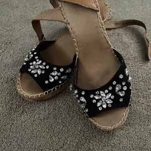 Black Canvas Jeweled Wedge Sandals